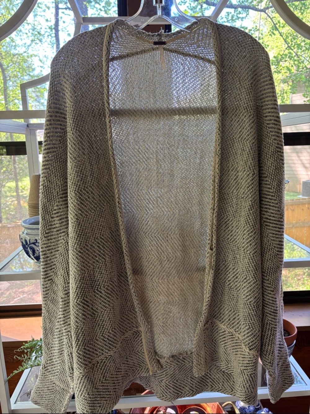 Free People Cream and Gray Open Raw Hem Cardigan Sweater Size Medium